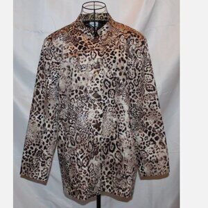 Brown Animal Print Blazer XL Tan Button Front Sweater Suit Jacket Chico's Sz 3